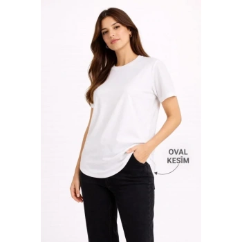 Basic Thirt Kısa Kol Bisiklet Yaka Oval Kesim Tişört  Beyaz