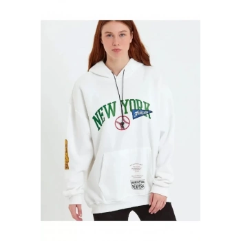 Baskılı Kapüşonlu weatshirt  Beyaz