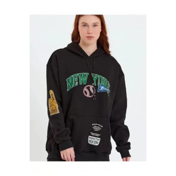Baskılı Kapüşonlu weatshirt  iyah
