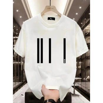 Baskılı Oversize Bisiklet Yaka Tshirt  Beyaz