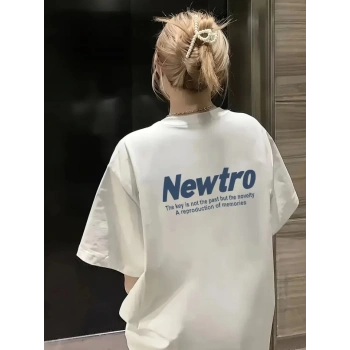 Baskılı Oversize Bisiklet Yaka Tshirt  Beyaz