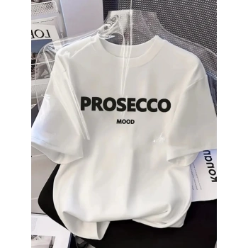 Baskılı Oversize Bisiklet Yaka Tshirt  Beyaz