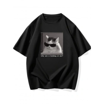 Baskılı Oversize Bisiklet Yaka Tshirt  iyah