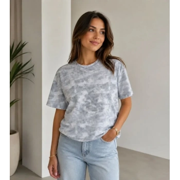 Batik Desenli Tişört Bisiklet Yaka Kısa Kol Regular Fit Tshirt  Gri