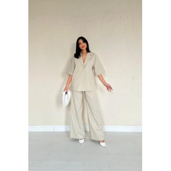 Bej Önü Tek Düğmeli Ceket Pantolon Takım