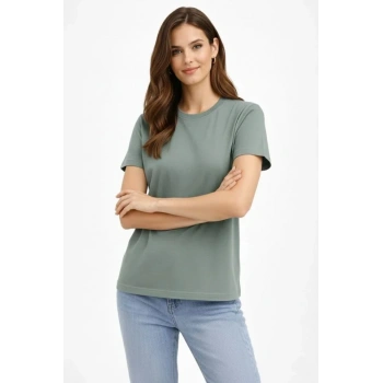 Bisiklet Yaka Tişört Regular Kalıp Basic Pamuklu Günlük Kullanım Tshirt  int Yeşili