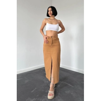 Camel Gabardin Boyamalı Püsküllü Etek
