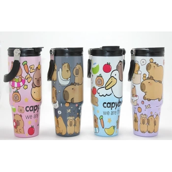 Capybara Desenli Isı Muhafazalı Pipetli Dev Çelik Termos (Tumbler)