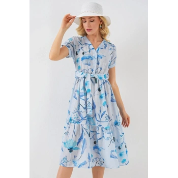 Desenli Kısa Kol Elbise 2558  Mavi