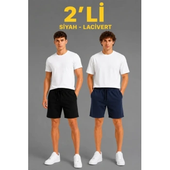 Erkek 2li Pamuklu Şort 3 İplik Şardonsuz Cepli astikli Bağcıklı Regular Fit  iyah  acivert