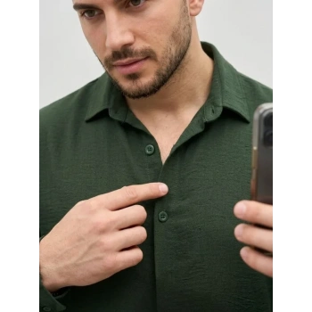 Erkek Aerobin Kumaş Oversize 4 evsim Uzun Kollu Rahat Kalıp Gömlek  Haki