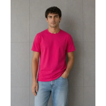 Erkek Basic Pamuklu Tişört Bisiklet Yaka Düz Renk Regular Fit Thirt  Fuşya