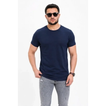 Erkek Basic Tişört Bisiklet Yaka Kısa Kol Günlük Yazlık lim Fit Thirt  acivert