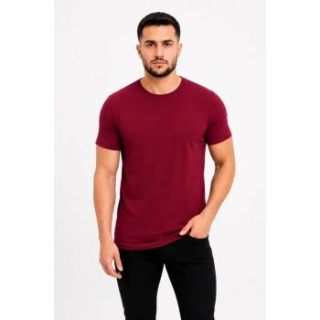 Erkek Basic Tişört Bisiklet Yaka Kısa Kol Günlük Yazlık lim Fit Thirt  Bordo