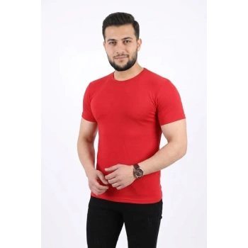 Erkek Basic Tişört Bisiklet Yaka Kısa Kol Günlük Yazlık lim Fit Thirt  Kırmızı