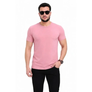 Erkek Basic Tişört Bisiklet Yaka Kısa Kol Günlük Yazlık lim Fit Thirt  Pembe