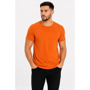 Erkek Basic Tişört Bisiklet Yaka Kısa Kol Günlük Yazlık lim Fit Thirt  Turuncu