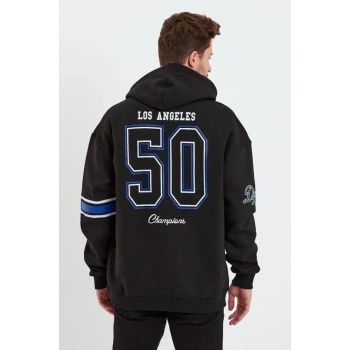 Erkek Baskılı Kapşonlu Üç Iplik Oversize weatshirt  iyah