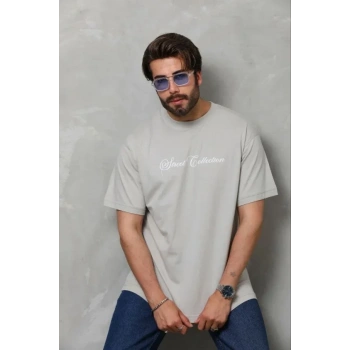Erkek Baskılı Thirt Kısa Kol Bisiklet Yaka Regular Fit Rahat Kalıp Günlük Tişört  Gri