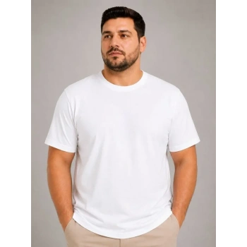 Erkek Battal Big Size Basic Tişört Bisiklet Yaka Rahat Kalıp TShirt  Beyaz