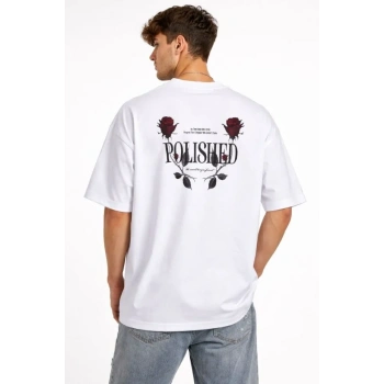 Erkek Bisiklet Yaka Baskılı Kısa Kollu Tişört treetwear Günlük Basic Pamuklu Tshirt  Beyaz