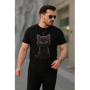 Erkek Bisiklet Yaka Kedi Baskılı Süprem Tshirt