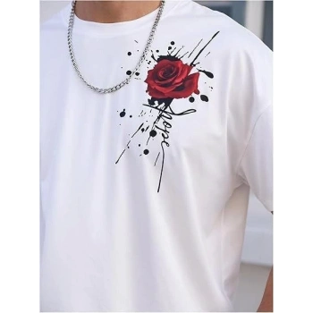 Erkek Bisiklet Yaka Kısa Kol Baskılı Tshirt  Beyaz