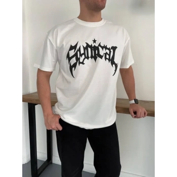 Erkek Bisiklet Yaka Ön Baskılı Kısa Kollu Tişört treetwear Günlük Basic Pamuklu Tshirt  Beyaz