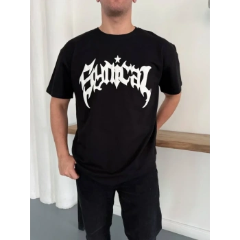 Erkek Bisiklet Yaka Ön Baskılı  Kısa Kollu Tişört treetwear Günlük Basic Pamuklu Tshirt  iyah