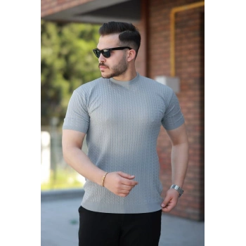 Erkek Bisiklet Yaka örgü Desenli Kısa örme Triko Kısa Kollu Tshirt