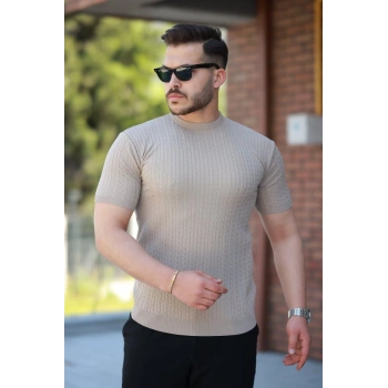 Erkek Bisiklet Yaka örgü Desenli Kısa örme Triko Kısa Kollu Tshirt