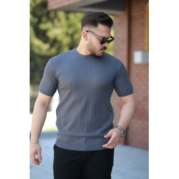 Erkek Bisiklet Yaka örgü Desenli Kısa örme Triko Kısa Kollu Tshirt