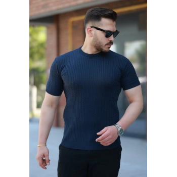 Erkek Bisiklet Yaka örgü Desenli Kısa örme Triko Kısa Kollu Tshirt