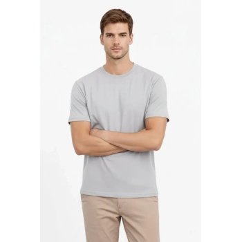 Erkek Bisiklet Yaka Tişört Regular Kalıp Basic Pamuklu Günlük Kullanım Tshirt  Gri