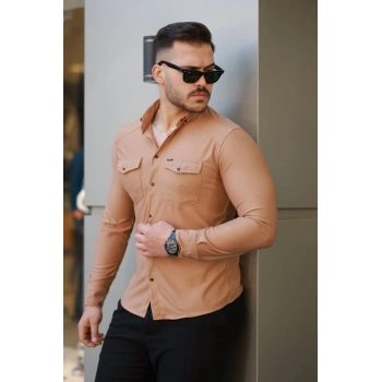Erkek çift Cepli çıtçıt Düğmeli Uzun Kollu Gömlek