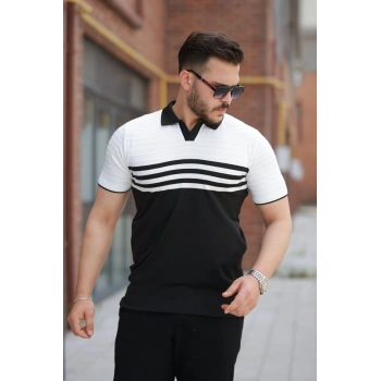 Erkek çizgi Desenli Yakalı Kısa Kollu Tshirt