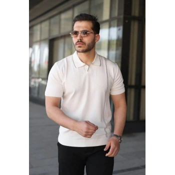 Erkek Çizgi Detaylı Yakalı Triko Tişört