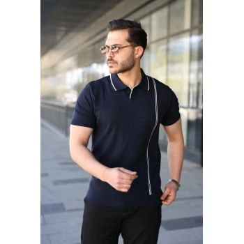 Erkek Çizgi Detaylı Yakalı Triko Tişört