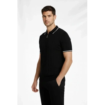 Erkek Fermuarlı Yaka Fitilli Triko Kısa Kollu Regular Fit Tişört Tshirt  iyah