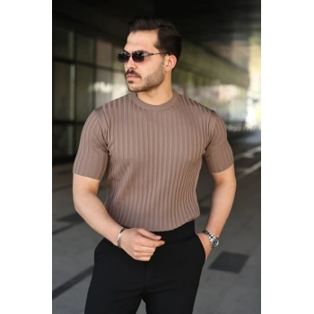 Erkek Fitilli Bisiklet Yaka Kısa Kollu Tişört