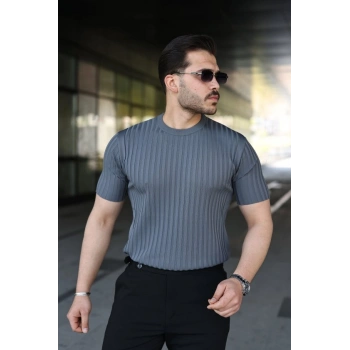 Erkek Fitilli Bisiklet Yaka Kısa Kollu Tişört
