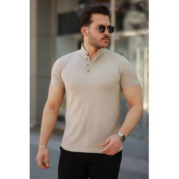 Erkek Hakim Yaka Dokuma Pamuklu Kumaş Kısa Kollu Tshirt