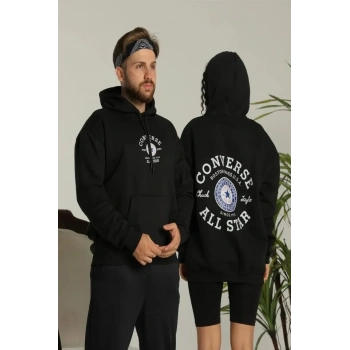 Erkek ırt Baskılı Oversize Üç İplik Kapüşonlu Hoodie weatshirt  iyah