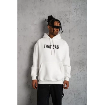 Erkek Kanguru Cep Baskılı Kapüşonlu weatshirt  Beyaz