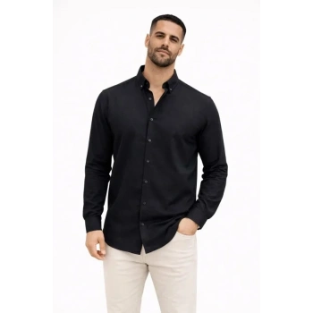 Erkek KETEN Kumaş Oversize Uzun Kollu Rahat Kalıp Gömlek  iyah
