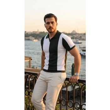 Erkek Kısa Kollu Polo Yakalı Blok Desenli Triko Bluz