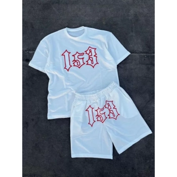 Erkek Nakış İşlemeli Şortlu Takım  Beyaz