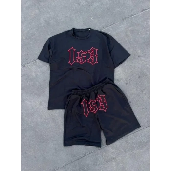 Erkek Nakış İşlemeli Şortlu Takım  iyah