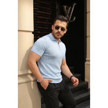Erkek Örgü Desen Fermuar Yakalı Triko Tişört