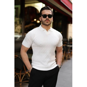 Erkek Örgü Desen Yakalı Kısa Kollu Triko Tişört